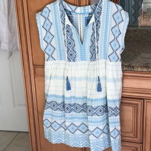 Anthropology cream/blue cotton dress with side pockets